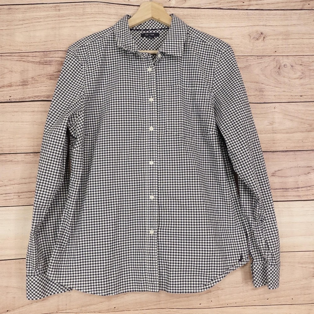Nautica Button-Up Womens 16 Blue Check Stretch Collared Long Sleeve Shirt Top